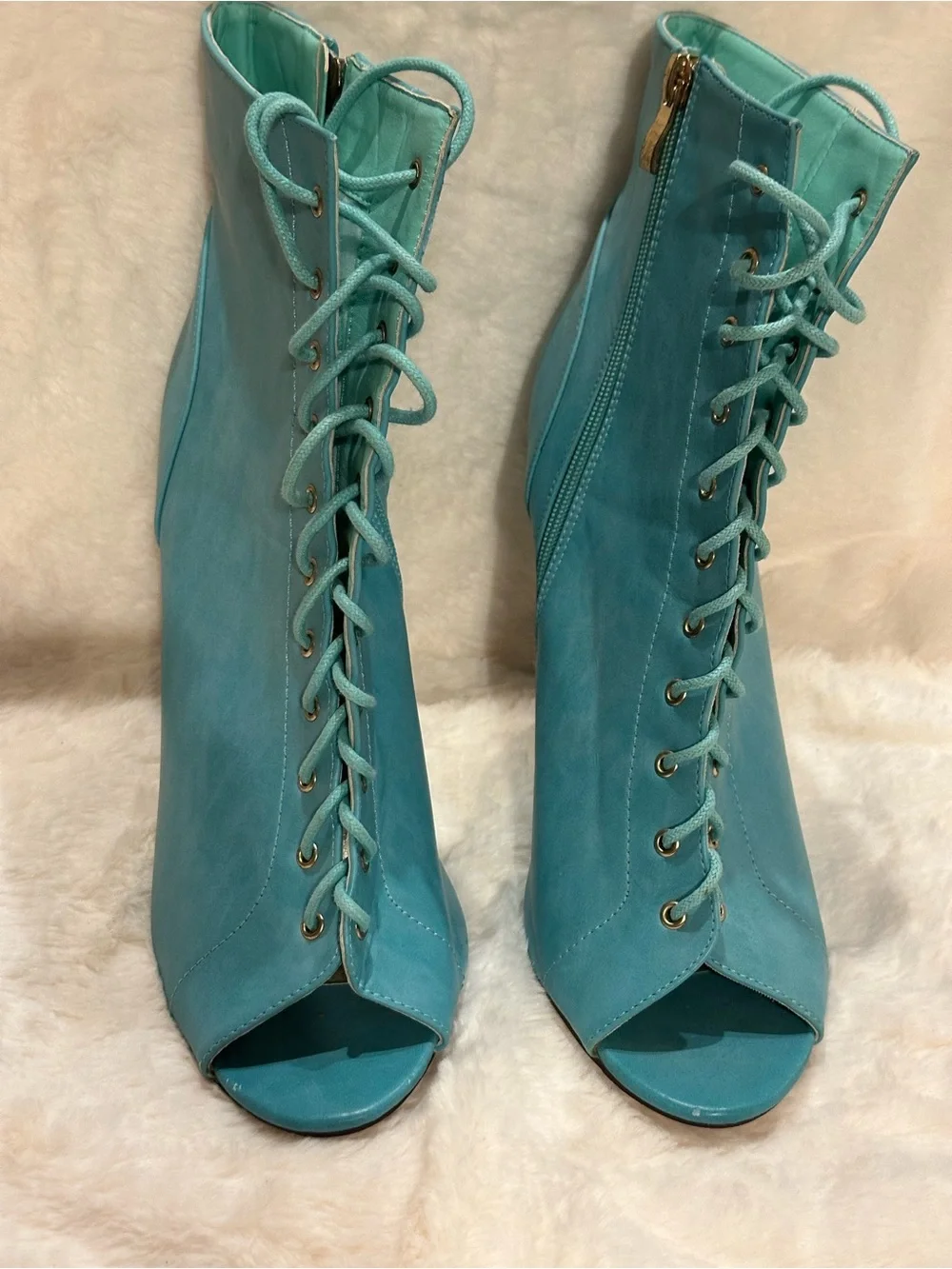 Open-Toe Lace-Up Teal Women’s Booties - Picture 2 of 5
